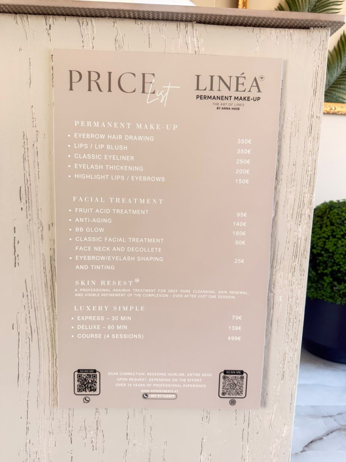 LINÉA in-studio treatment and price list
